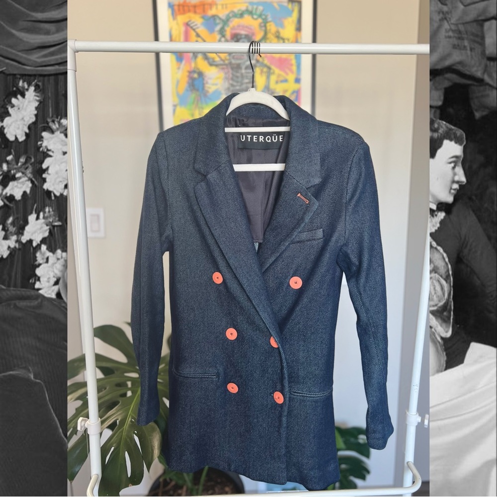 Uterque blue denim double breasted long blazer